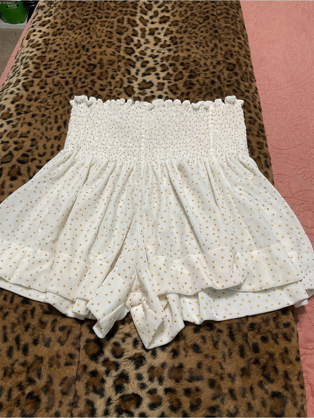 KOCH "Erica" Velvet Mini Shorts — Cream with Gold Polka Dot | Size Small